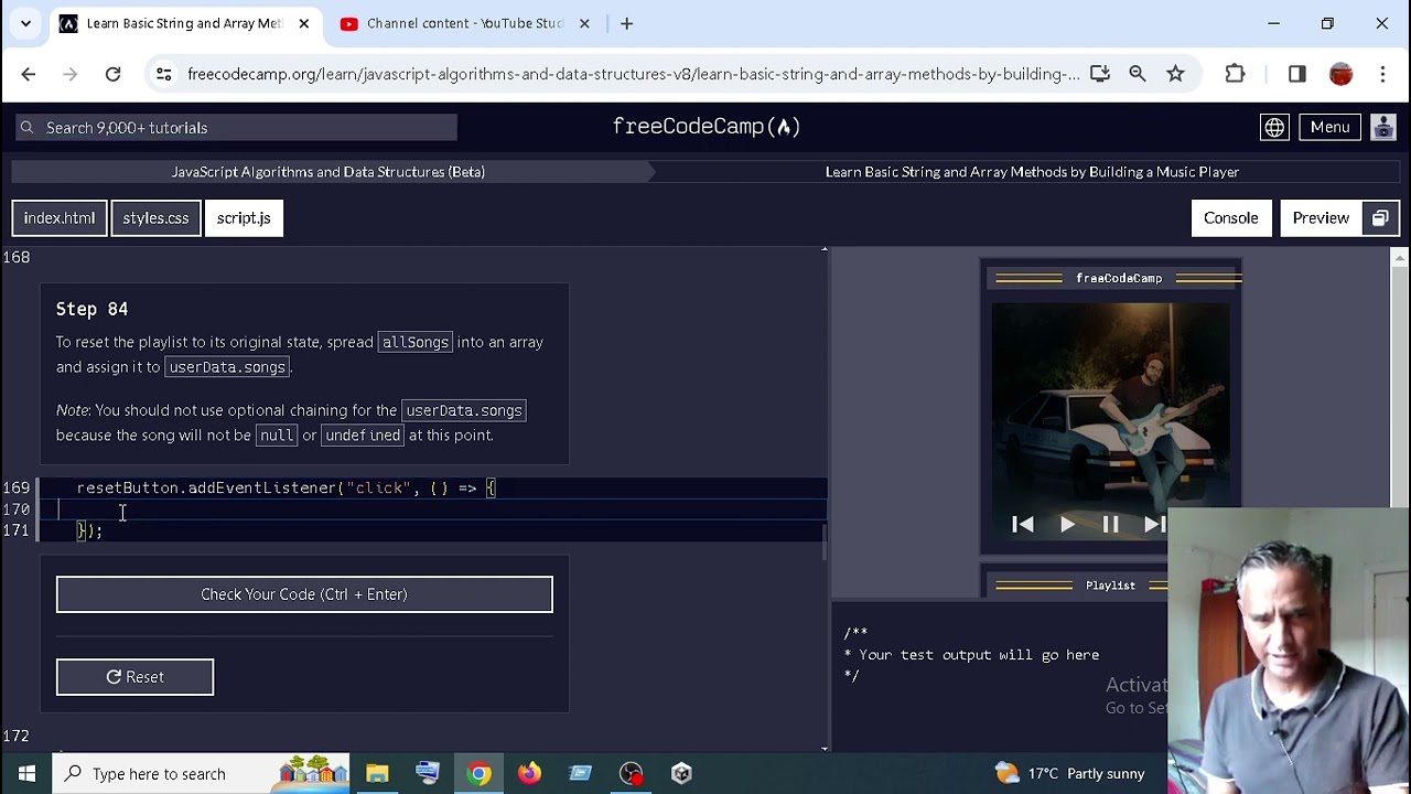 Learn Basic String and Array Methods by Building a Music Player step 84. freecodecamp 2024