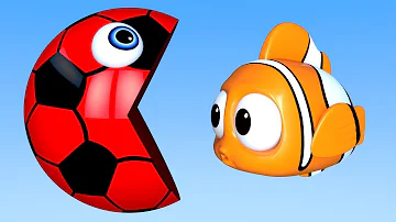 Learn Colors with PACMAN as eat Fish & Soccer Ball on the Sea and slides down a magic slide