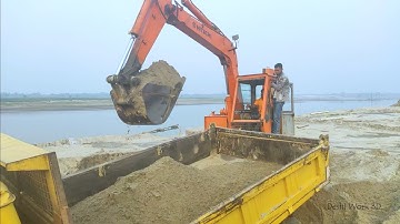 jcb Backhoe Loader Loading Gravel in Dump Truck JCB Backhoe Machine Working on Sandy Place