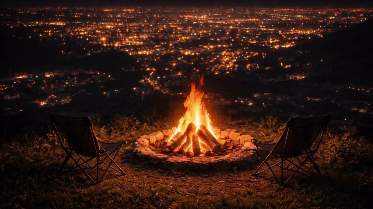 Silent Night on the Hill – Cozy Fire & City Lights | Velvet Calm