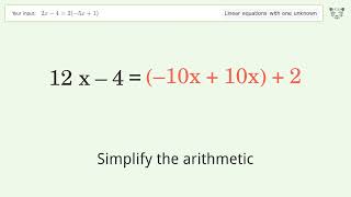 Linear equation with one unknown: Solve 2x-4=2(-5x+1) step-by-step solution