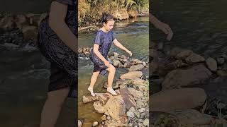 Wow... beautiful village girl bathing in the river🤩