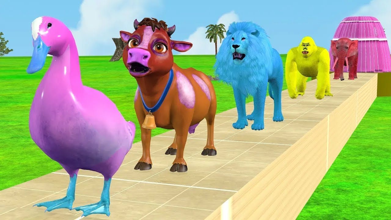 Long Slide Game With Duck Hippo Tiger Cow | Paint Animals Fountain Crossing ss | Funny 3d Animation
