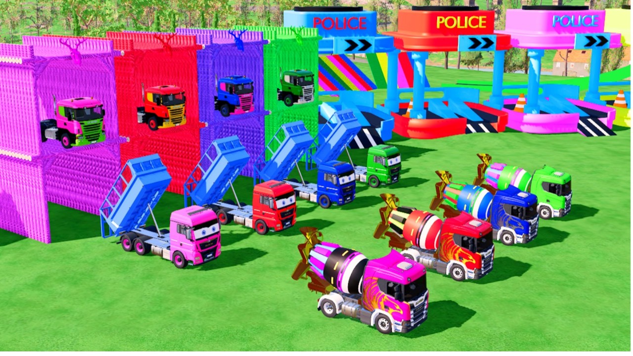TRANSPORTING ALL THE COLORFUL MIXER TRUCKS, EYED TANK TRUCKS, WITH SCANIA TRUCKS TO THE GARAGE