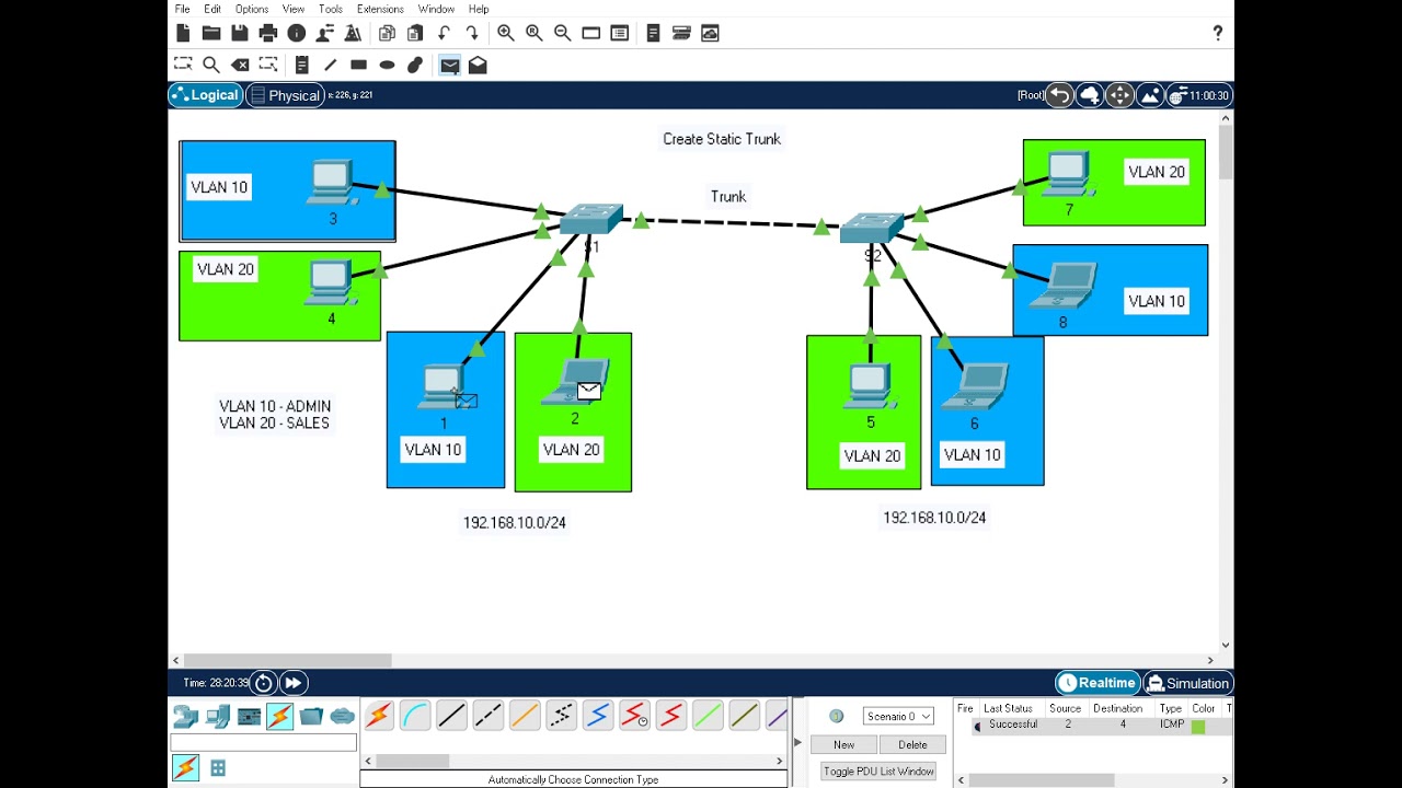 packet tracer create vlan and static trunk between 2 switches