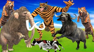 Giant Tiger Wolf Vs Woolly Mammoth Save Cow Cartoon Buffalo Attacked By 2 Giant Tiger Animal Mammoth