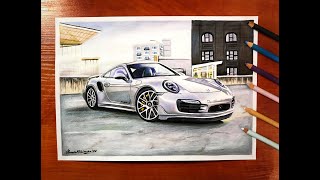 Porsche 911 Turbo S - كيفية رسم سيارة واقعية - خطوة بخطوة | من السهل المتابعة | فن الوسائط المختلطة