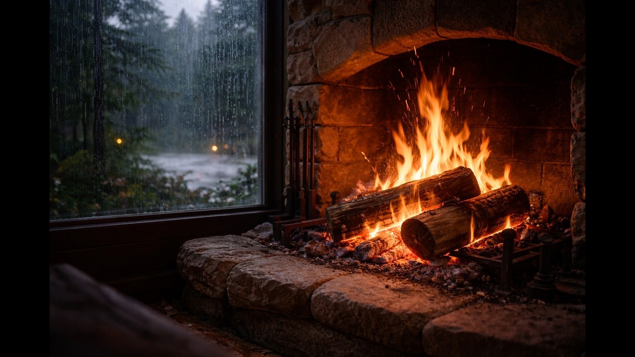 Fireplace Sounds with Heavy Rain & Thunder 🔥🌧️ | Cozy Cabin Ambience for Deep Sleep (FHD)