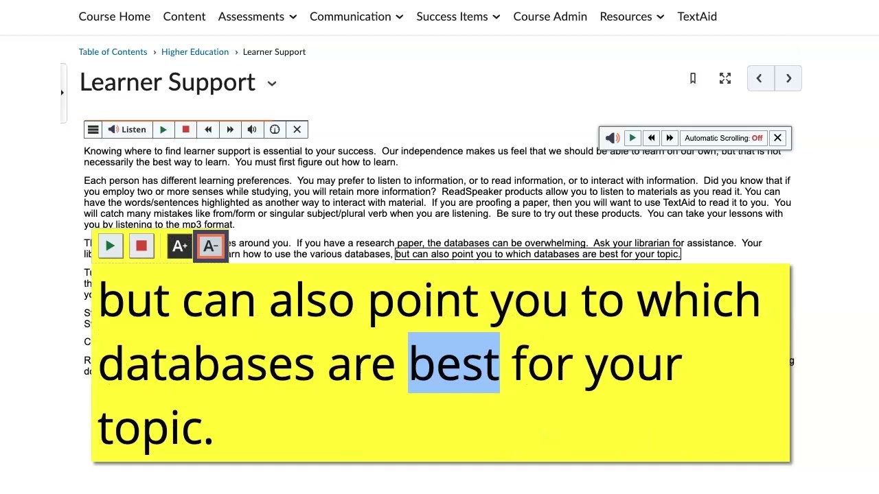 Using the Enlarged Text Tool by ReadSpeaker in Brightspace