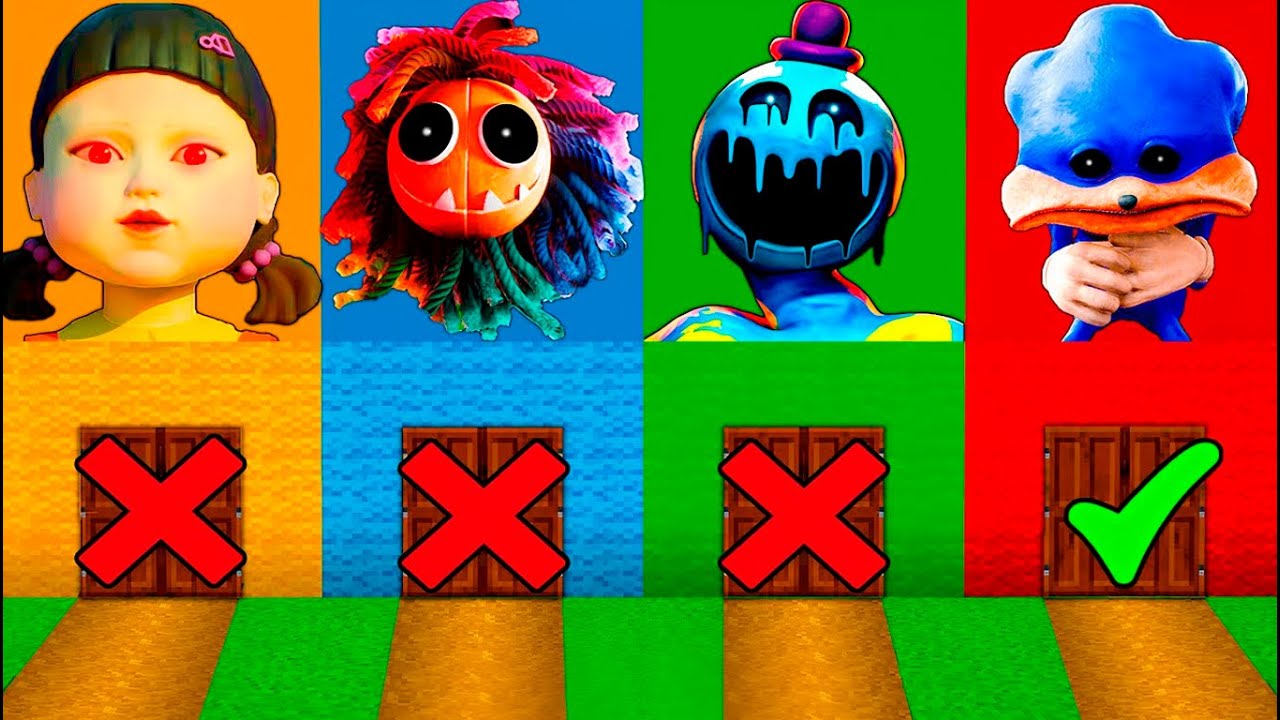 Choose a basement: SQUID GAME 2 and DOEY or SHIN SONIC in Minecraft Poppy Playtime Chapter 4