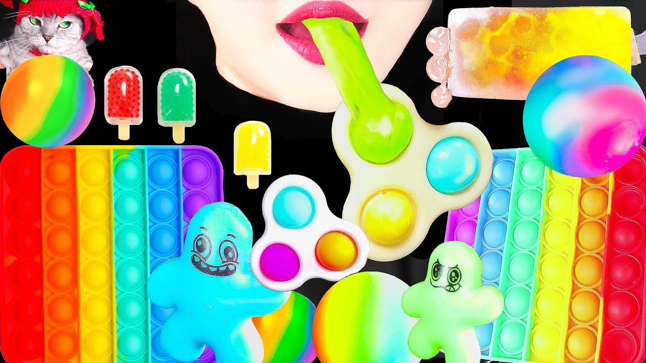 АСМР Радужный поп Это стресс-мяч десерт 🌈 MUKBANG, игрушка-непоседа, звуки еды, с кошкой