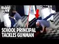 Moment Oklahoma principal tackles school shooter while being shot