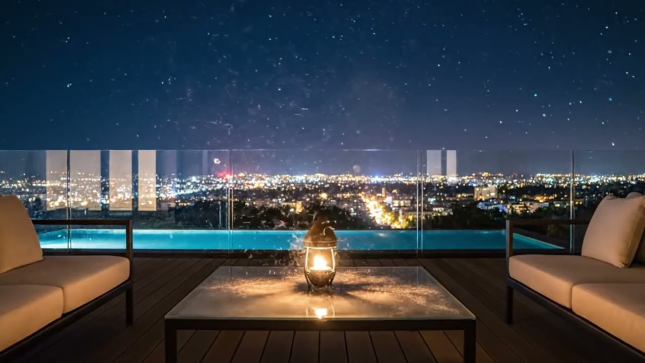 🌃 Modern City Night Ambience - Cozy Terrace & Soft Jazz Music for Study, Sleep and Relax
