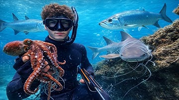 Our Craziest Shallow Reef Dive Yet, Octopus Catch and Cook, Spear Fishing Big Fish & a Shark Save! 