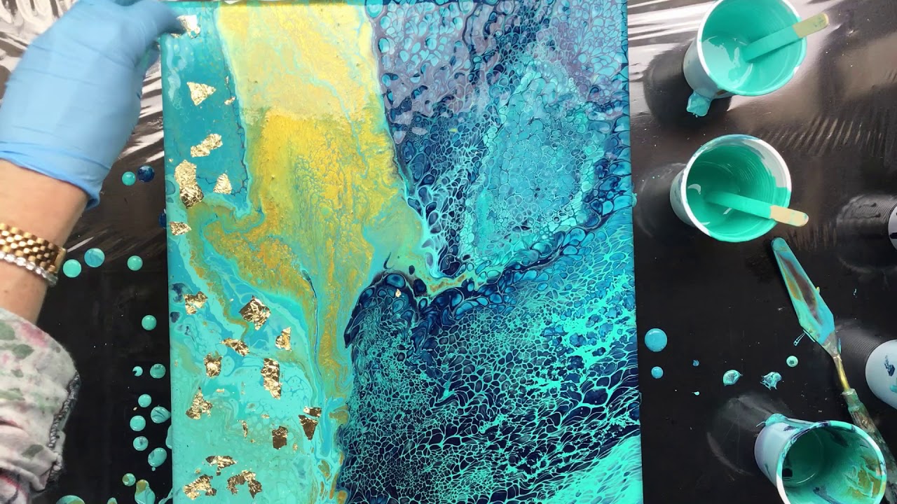 ( 742 ) Acrylic pour with gold leaf