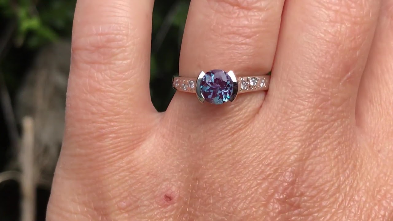6.5mm Chatham Alexandrite Diamond Star Dust Engagement Ring in platinum