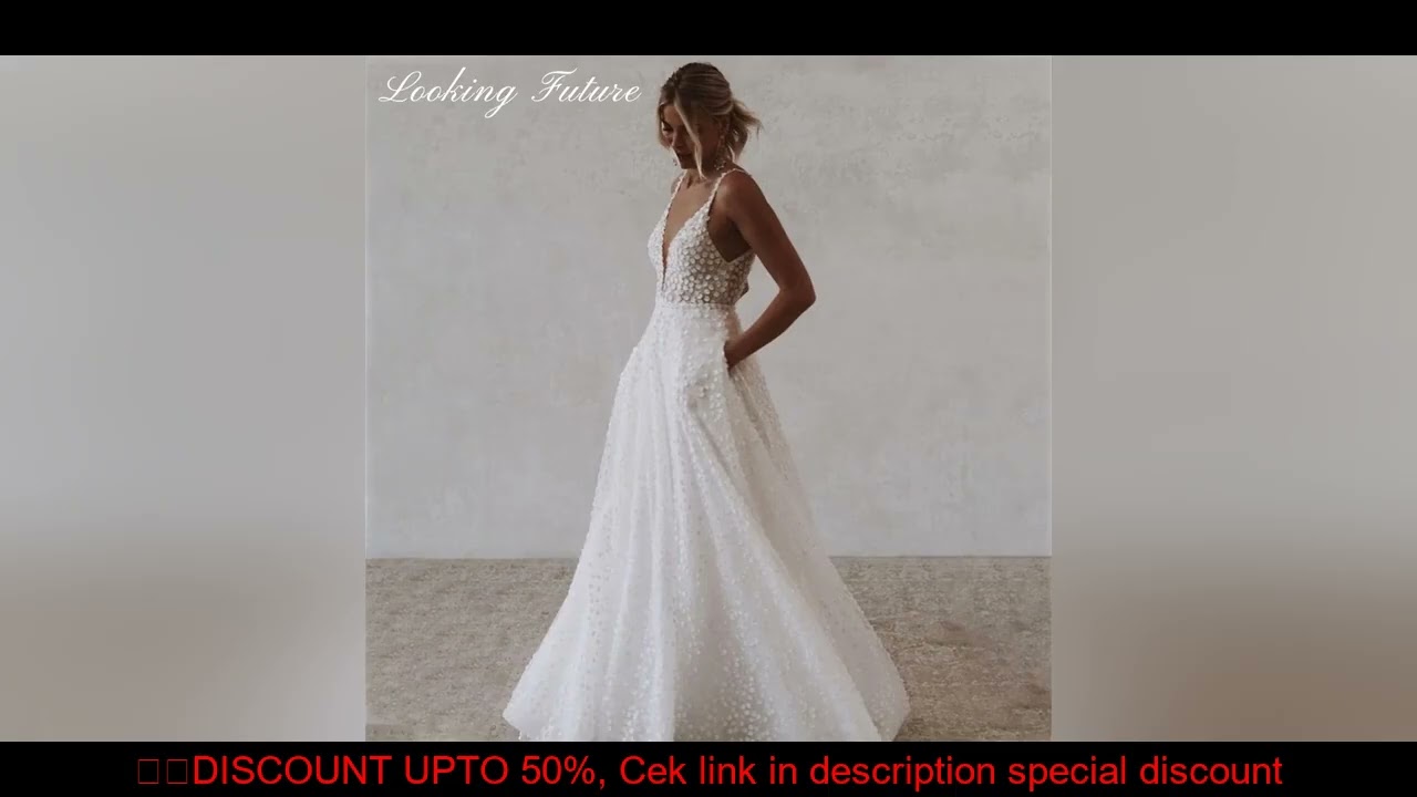 Customized Elegant Tulle Wedding Dresse With Pocket Deep V-Neck Spaghetti Strap Bridal Gowns Beach O