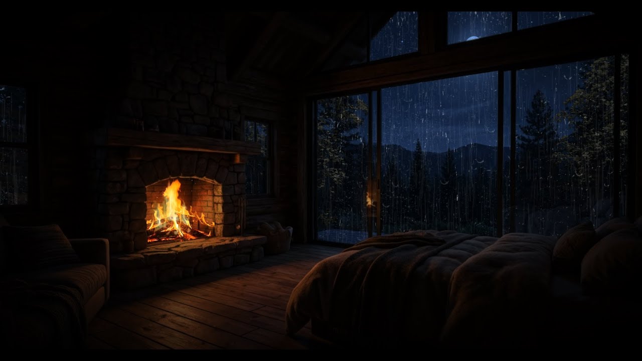 Peaceful Sleep Ambience with 8 Hours Rain Sounds for Sleeping, Cozy Cabin & Fireplace 🔥🌧️ | No Ads