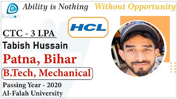 Congrats, Tabish | Selected in HCL Technologies | 3 LPA | MECHANICAL ENGINEER, Passing 2020 | Patna