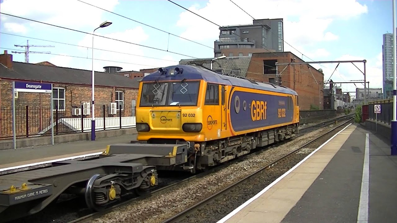 GBRF liveried euro class 92 032 passes Deansgate 19/07/13