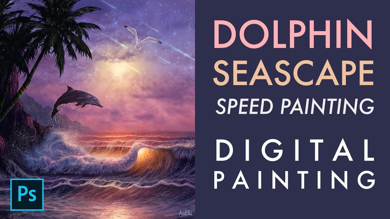 Painting A Dolphin Seascape / Digital Painting Beach Ocean Art / Dolphin Art / Fantasy Seascape