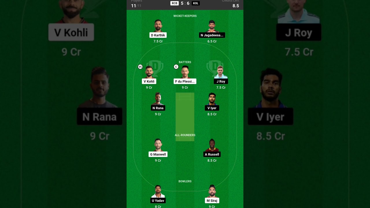 RCB vs KOL dream11 Team today match 