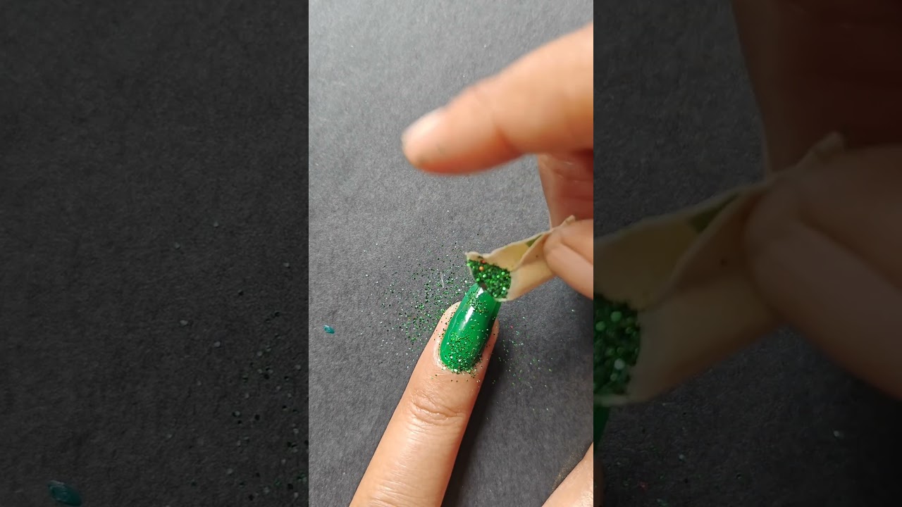 easy green glitter nail art design 💅 