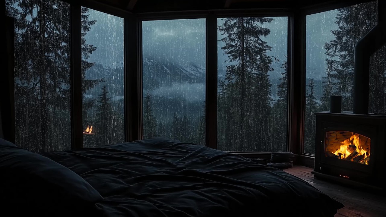 🎹🌧️ Deep Sleep Rain Piano in Cozy Cabin | Fireplace Warmth & Rainy Mountain Forest Window