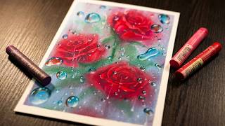 How to Paint Roses and Water Droplets with Oil Pastels 🌹💧 screenshot 2