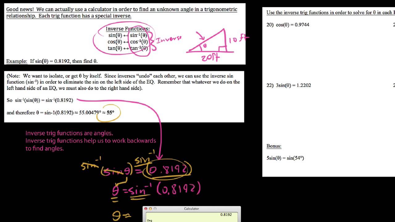 Trig 2.1.5  Using the inverse trig functions on a calculator - YouTube