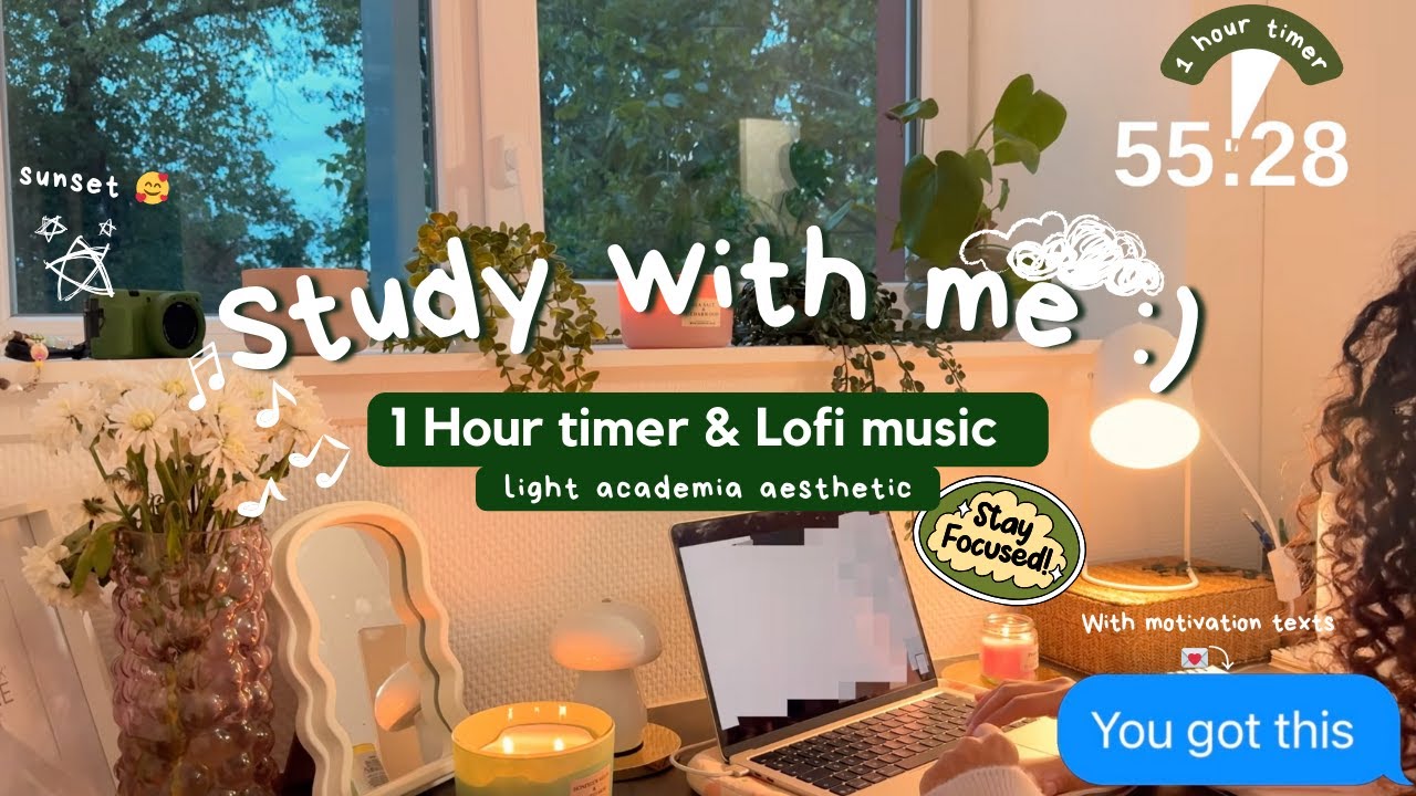 1 hour Study with me, motivational messages 💌 lofi music 🎧 calm sunset ...