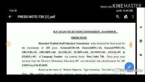 HPSSC LT ( Post Code - 730 ) Final Cut Off Category wise | Held in - July 2019 |