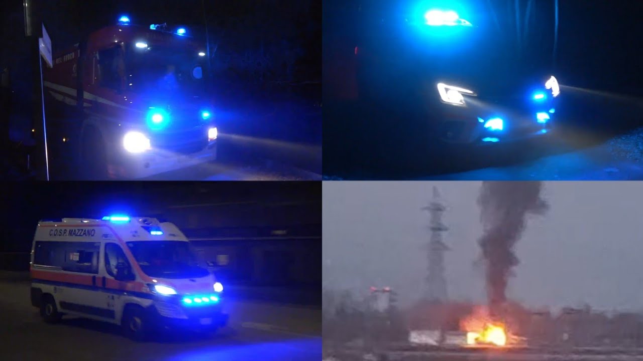 Incendio-esplosione Roulotte a Calcinato arrivo Vigili del fuoco e Automedica Montichiari in Sirena