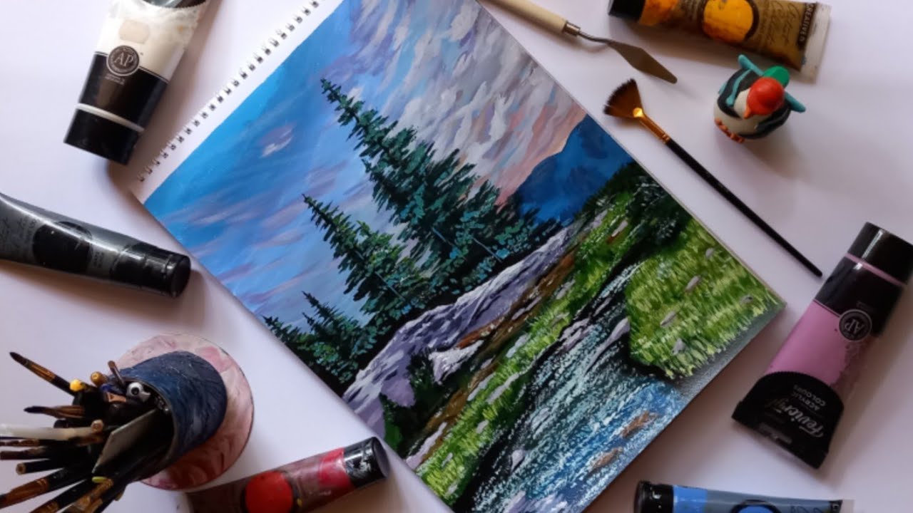 how to paint landscapes with acrylic/acrylic landscape painting - YouTube