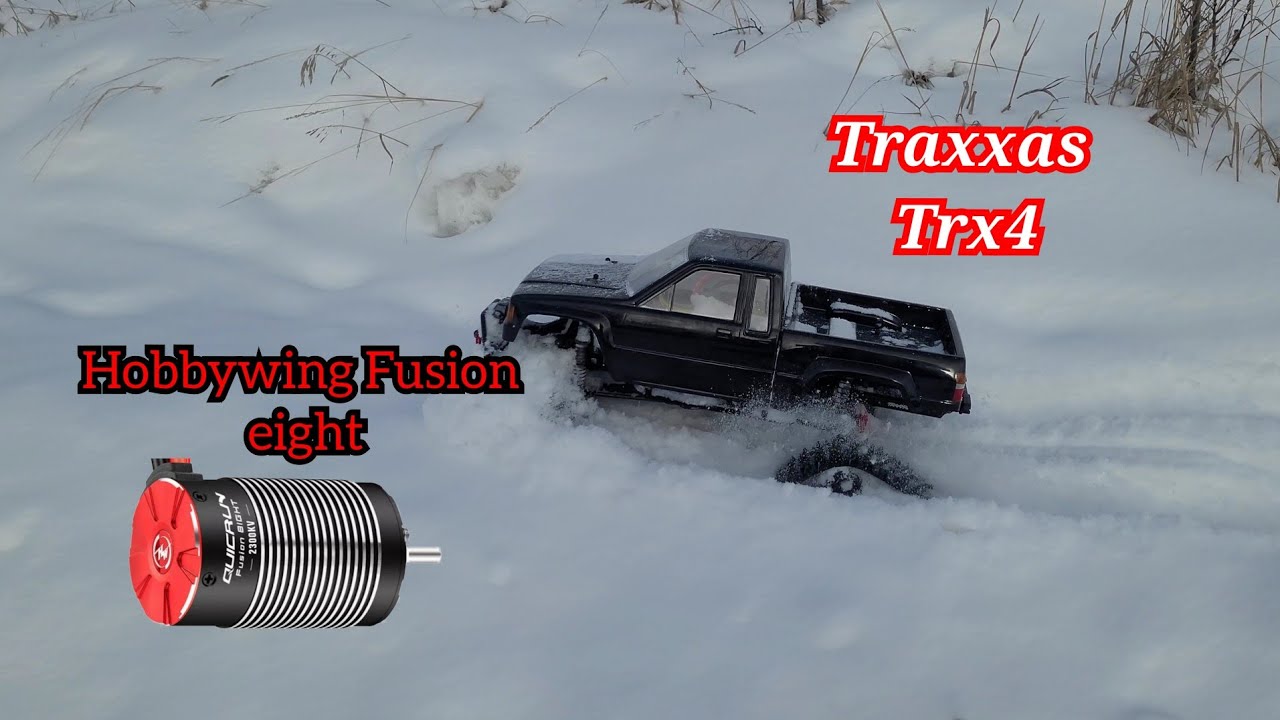 Hobbywing fusion eight install in Trx4 testing with snow tracks on 4s lipo