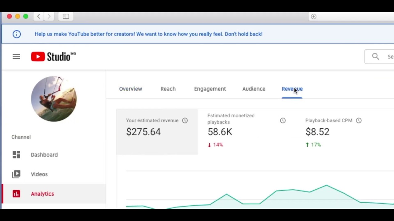 How to use youtube Studio Beta Analytics Revenue Page