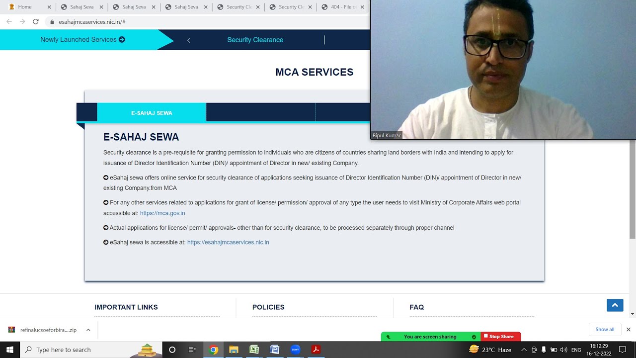 E SAHAJ SEWA ON MCA Portal II Security Clearance For Director II Law 