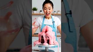 Medium shot, eye-level. A young Asian woman in a white t-shirt and light blue apron frosts a two-