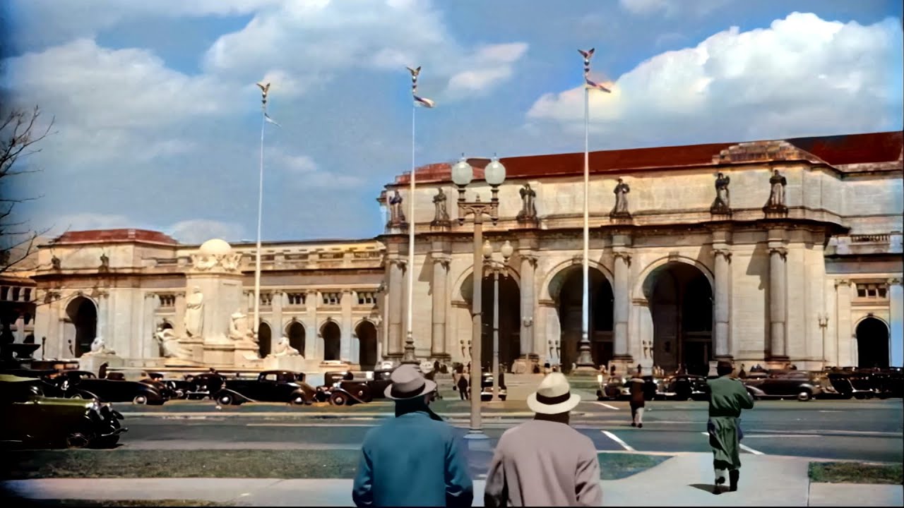 Washington D.C 1930s in color, Union Station [60fps,Remastered] w/sound