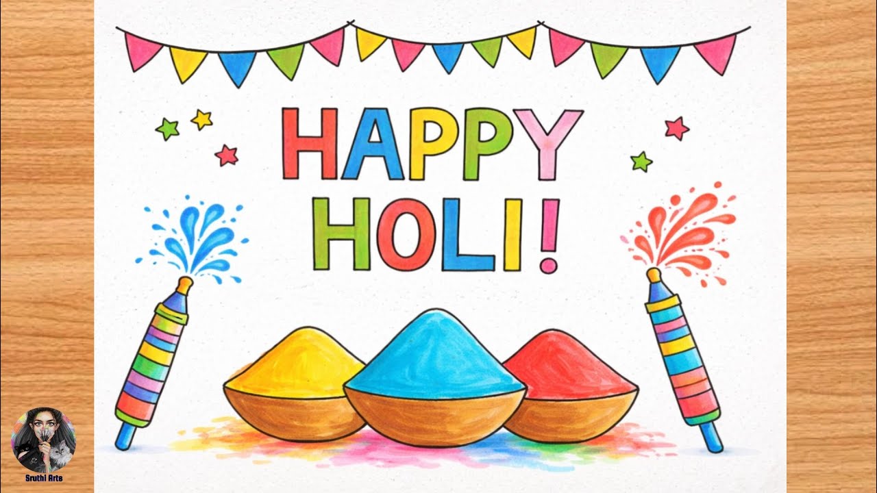 Holi Drawing easy|Beautiful @Holi Card drawing steps| Holifestival drawing / Happy Holi drawing