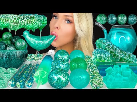 ASMR TEAL GALAXY FOOD MUKBANG, HONEYCOMB, PIPETTE SQUEEZE DRINK, JELLY SYRINGE, SPRINKLES 먹방