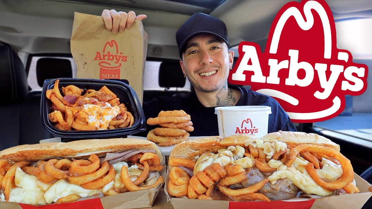 MUKBANG EATING Arby's New Poutine Dip Sandwich, Loaded Curly Fries, Onion Rings