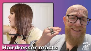 She is impulsively cutting her long hair with Kitchen scissors  Hairdresser reacts to Hair Fails