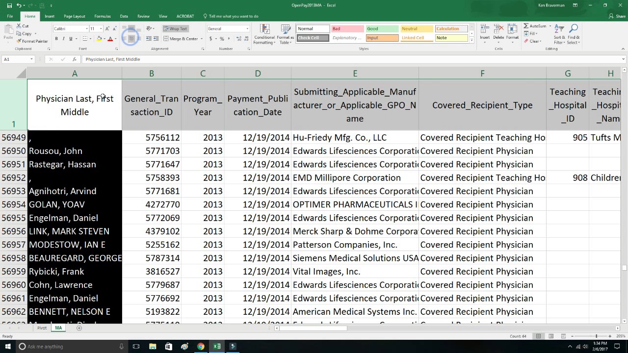 Open Payments to Doctors and Hospitals in MA Excel Pivot Tables