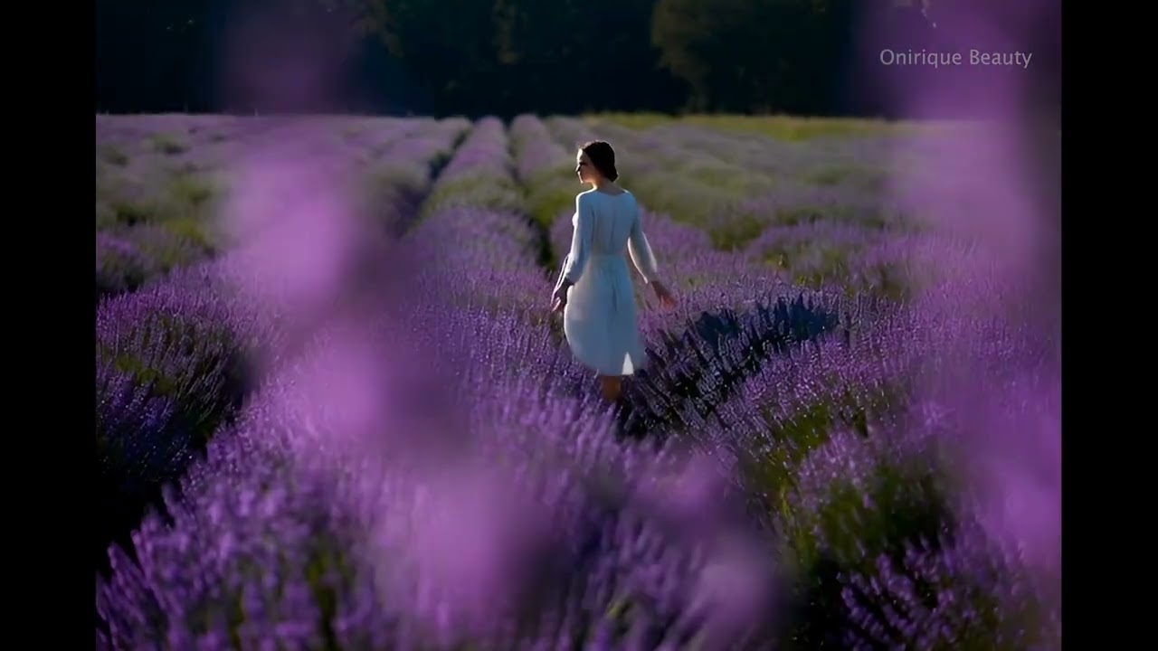 Beautiful girl walking through the lavender fields