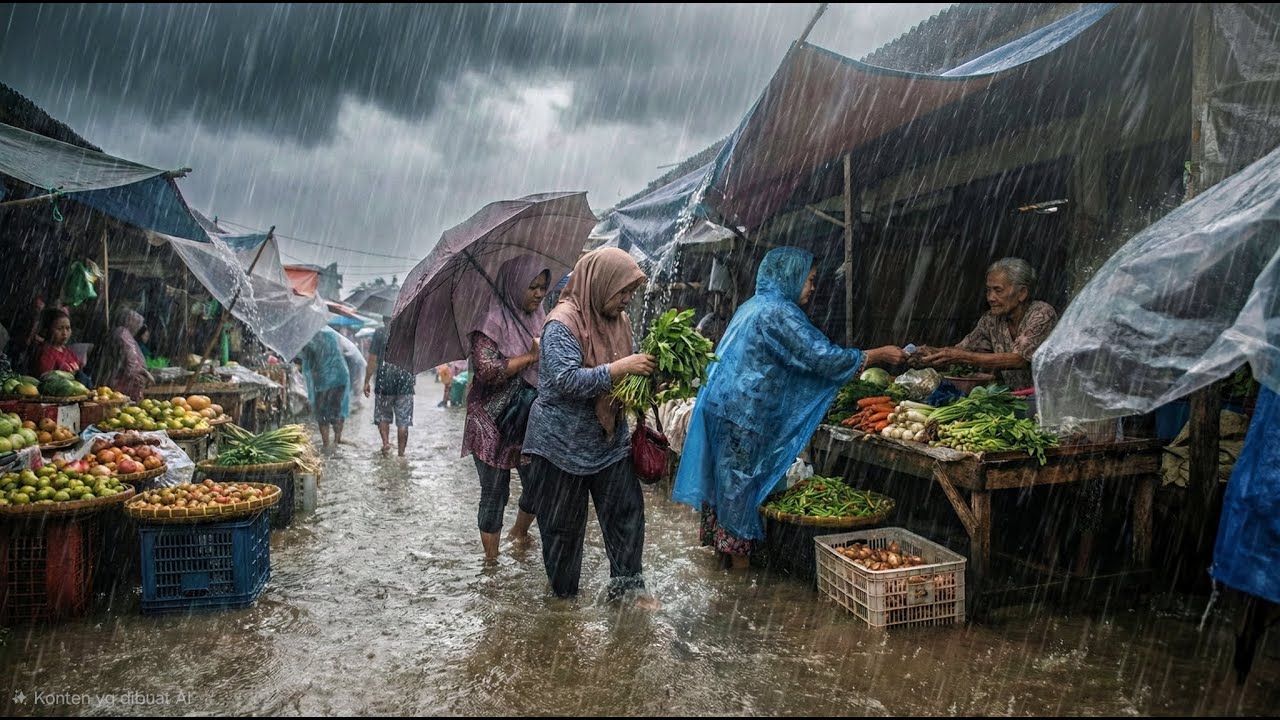 walking in the pouring rain at a traditional Indonesian rural market
