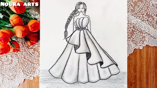 رسم | رسم بنات | تعليم رسم بنت كيوت ترتدي فستان مع شعر طويل خطوة بخطوة بقلم الرصاص | رسم سهل