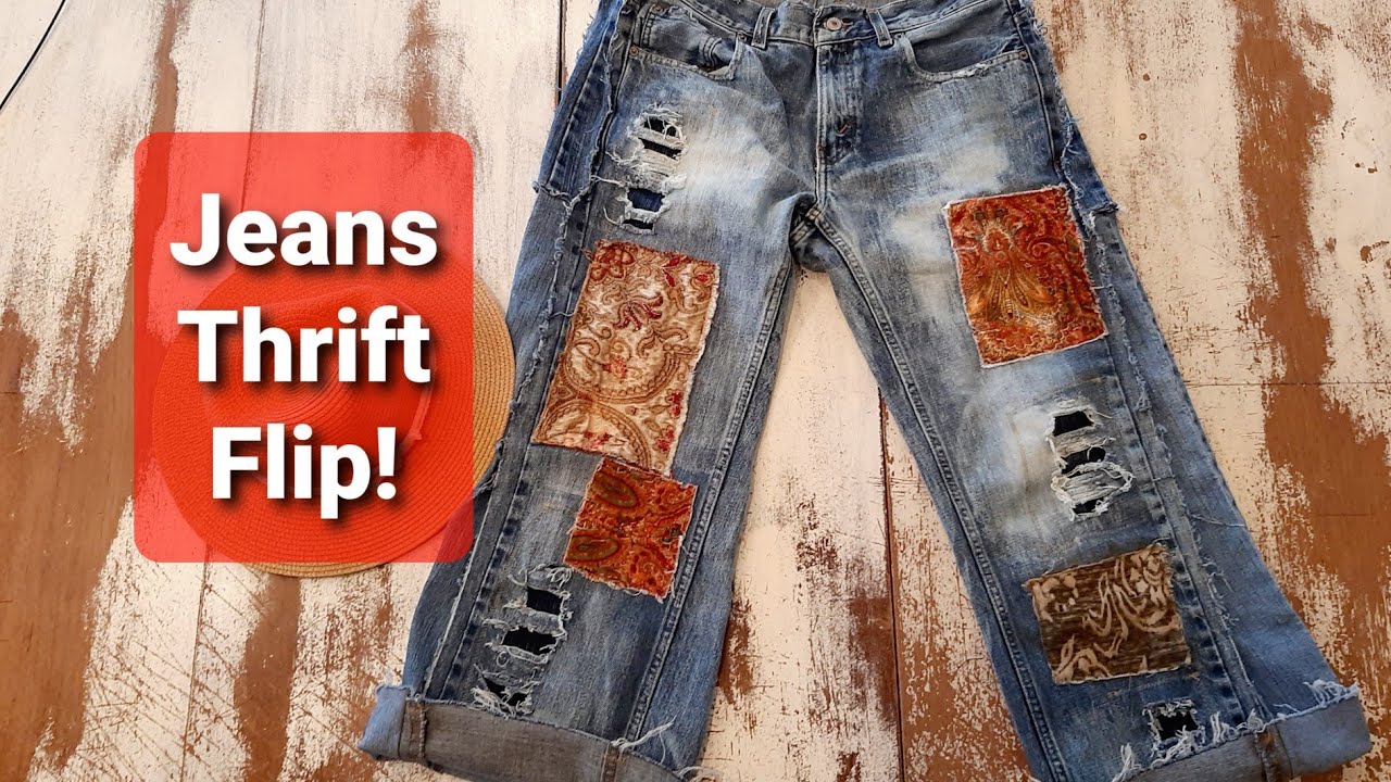 DIY How to sew patches Hippie boho Art upcycled denim jeans Thrift