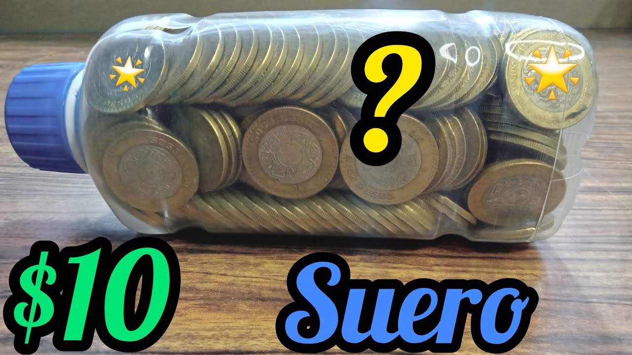 Ahorrar monedas de 10$ en envase de suero.