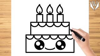 How to draw Cute Birthday Cake Step by step Tutorial | Free Download Coloring Page